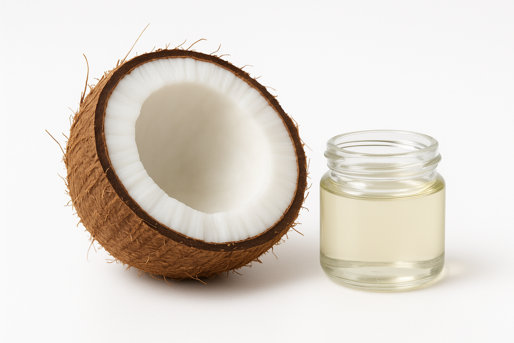 “Realistic image of a fresh cracked coconut showing the white pulp with a small transparent jar of coconut oil, isolated on a pure white background, minimalistic and professional ingredient style.”