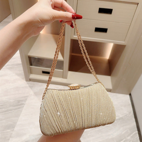 Shiny Pleated Evening Party Dress One Shoulder Prom Bag