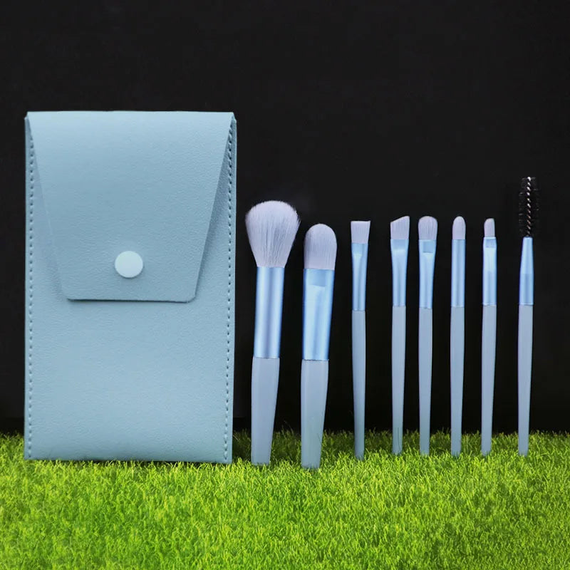 Blue Mini 8-Piece Makeup Brush Set with Portable Bag