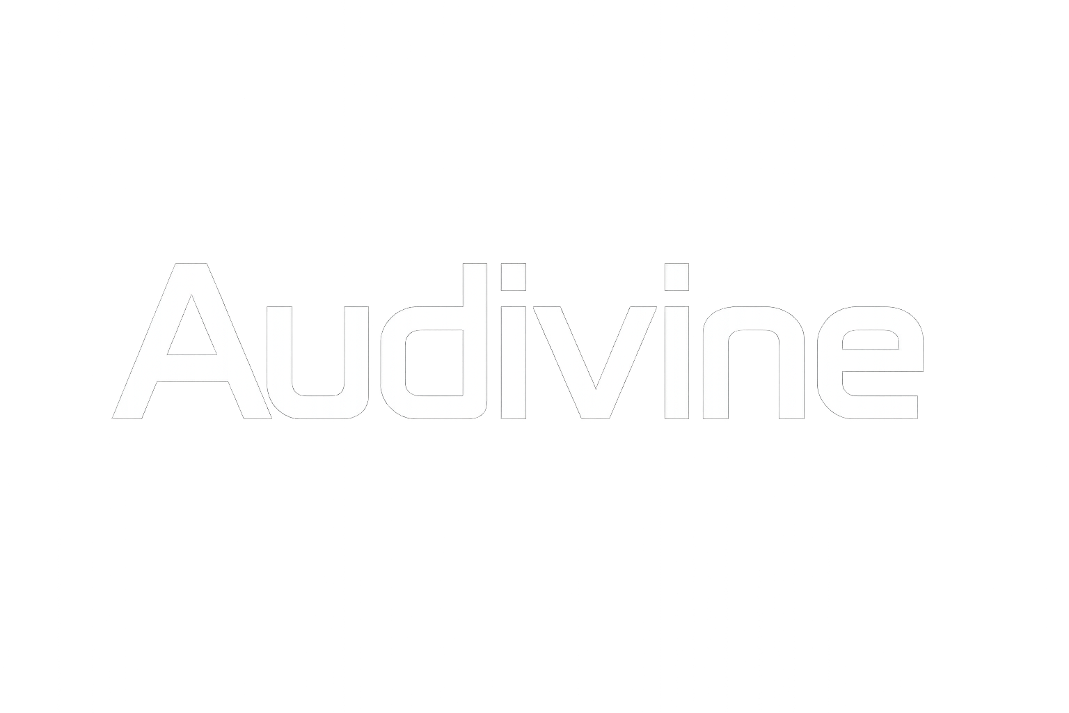 Create a modern tech-style logo with the name Audivine. Use a geometric sans-serif font. Text color: white (#FFFFFF). Background: white (#FFFFFF). Clean and futuristic