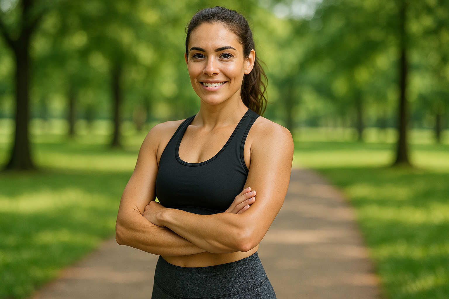 faça foto de perfil de uma mulher no parque com roupa de academia