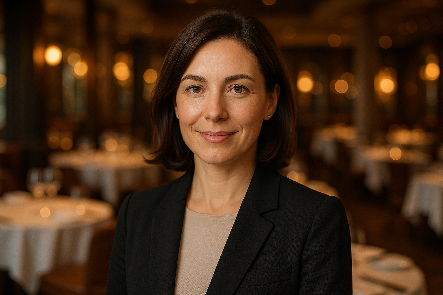 Faça uma foto de perfil de uma mulher de 40 anos em um restaurante de fundo