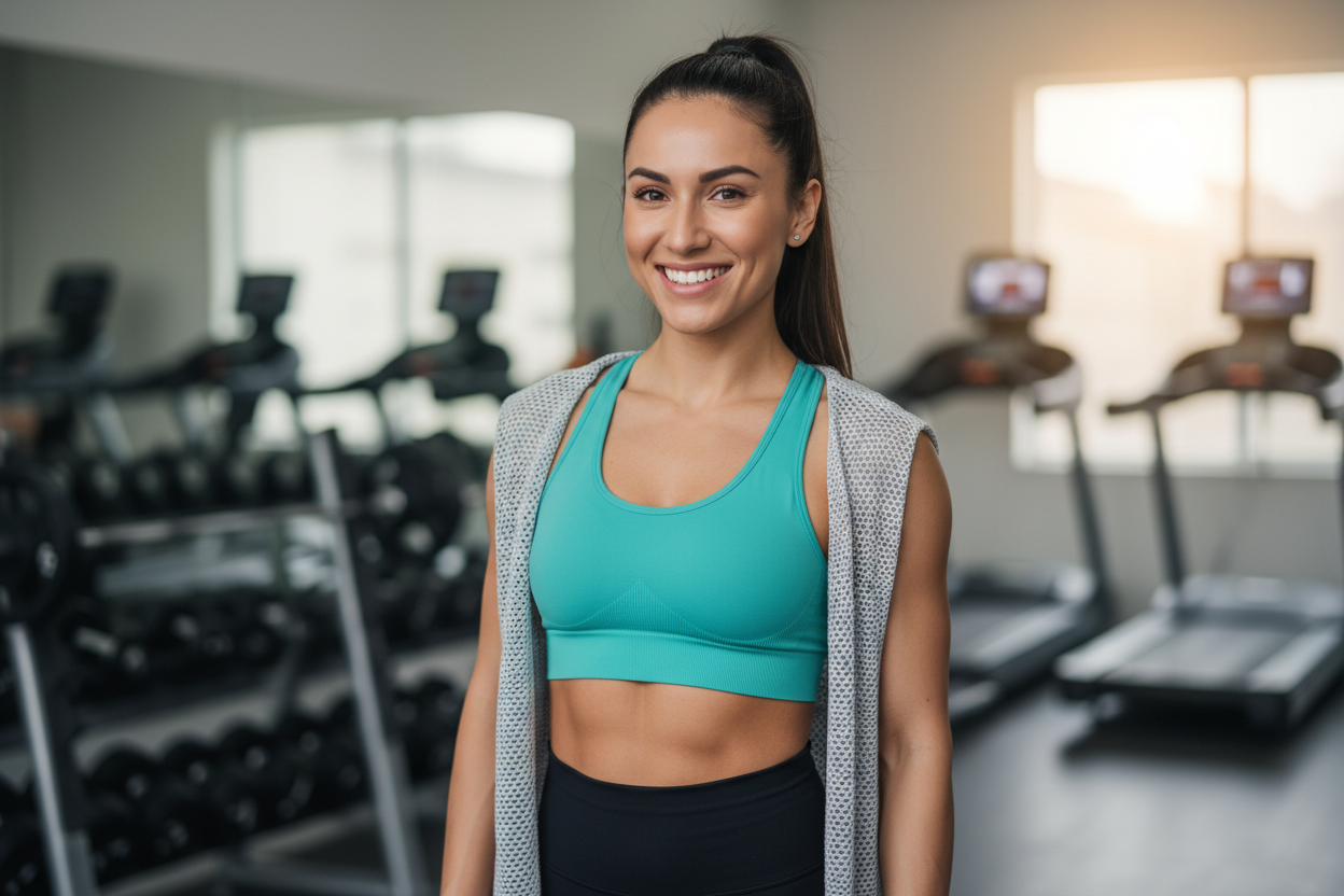 Faça uma imagem de perfil de rede social de uma mulher na academia