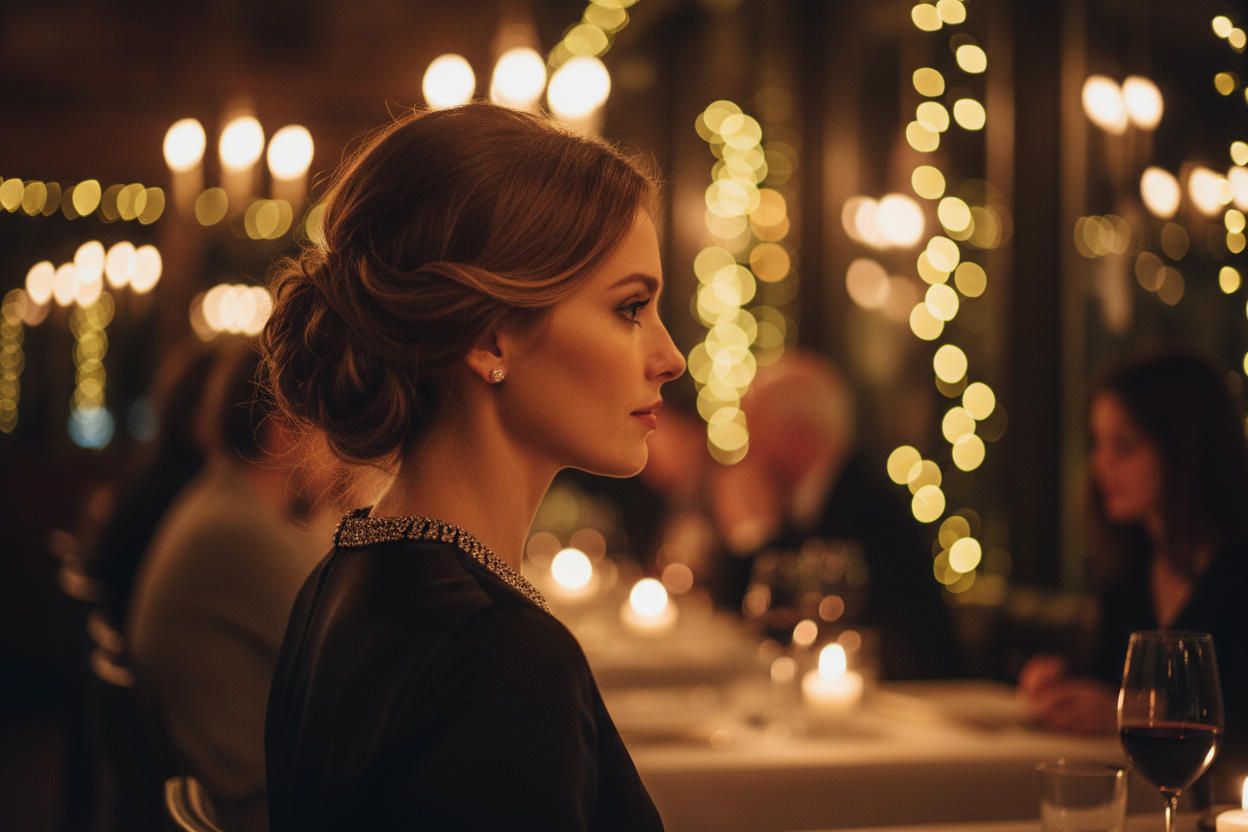 Faça uma imagem de perfil de uma mulher em um restaurante de fundo