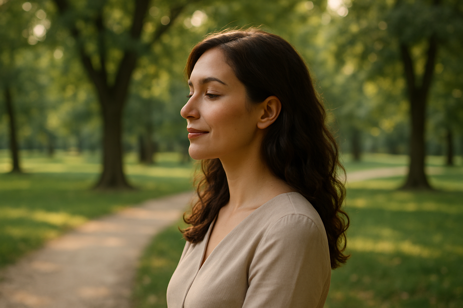 Faça uma imagem de perfil de uma mulher no parque