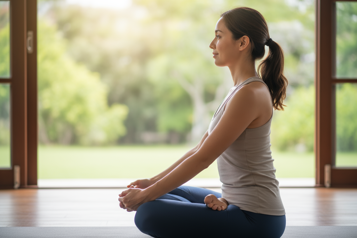 Faça uma imagem de perfil de uma mulher que treina yoga