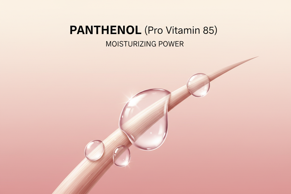 “Panthenol (Pro Vitamin B5) shown as clear glossy liquid droplets moisturizing a hair strand, with a soft blush pink gradient background (#FFF7F9 to #F7C9D8), clean Korean beauty style, bright and elegant, premium cosmetic ingredient illustration.”