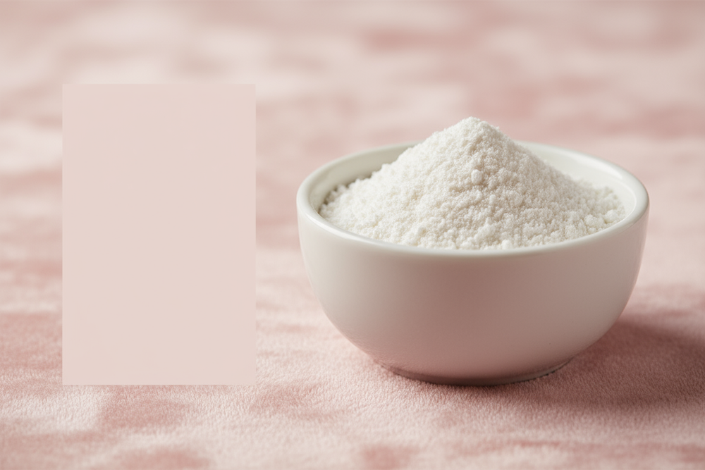 realistic close-up of a small bowl filled with white kojic acid powder on a soft pink background, elegant product photography lighting, clean composition, minimal shadows, luxury skincare branding aesthetic, pastel tone, text area on the left
