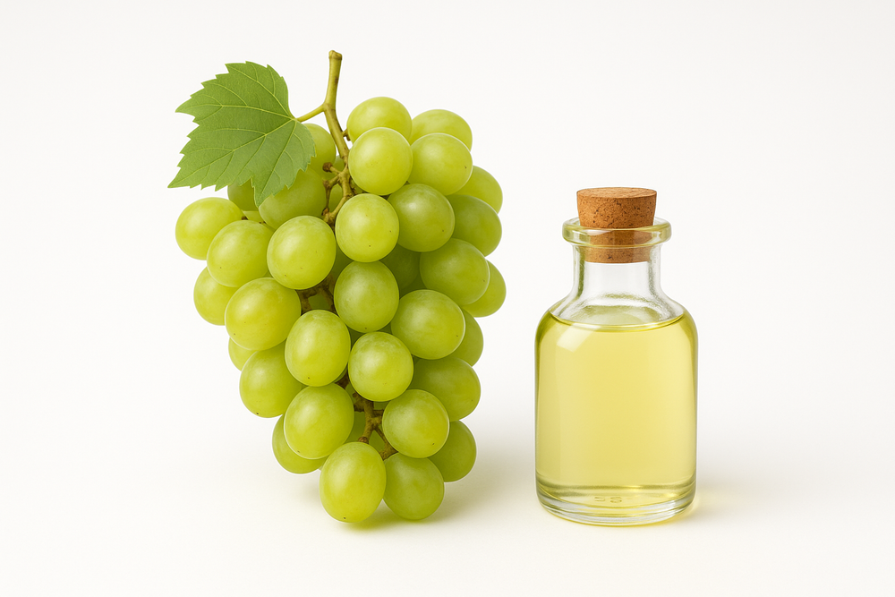 “Realistic high-quality image of fresh green grapes and a small transparent glass bottle of grapeseed oil, isolated on a pure white background, minimalistic, professional product photography style.”