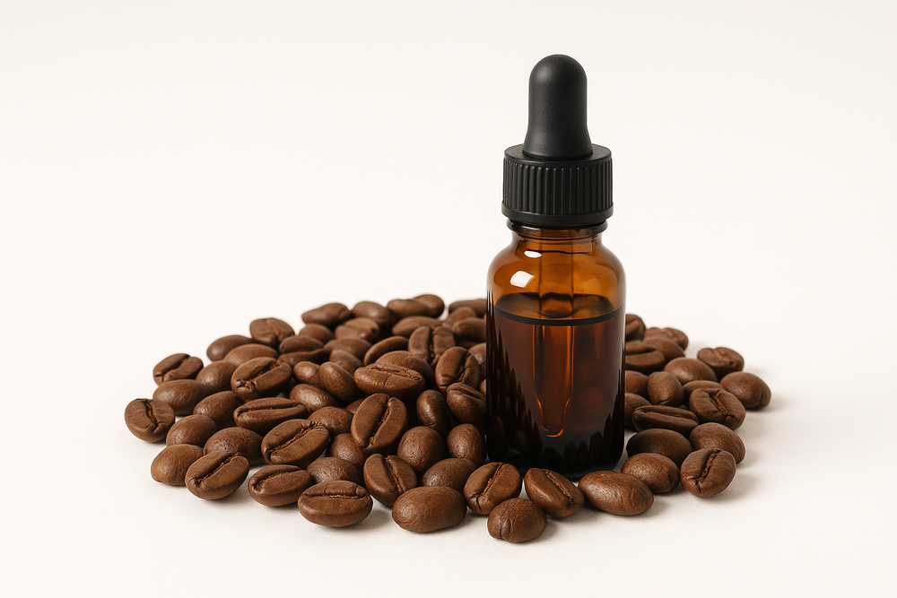 “Realistic image of roasted coffee beans with a small amber glass dropper bottle, isolated on a white background, minimal product photography, clean and modern style.”