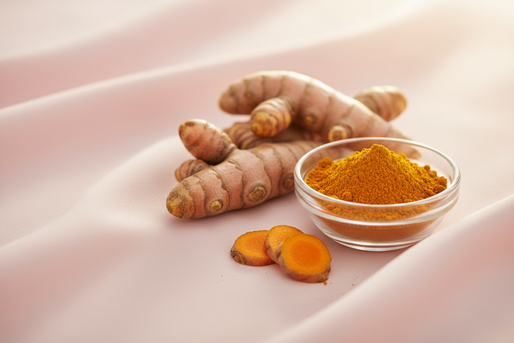 realistic macro photo of fresh turmeric roots and turmeric powder in a small glass dish, on a soft blush pink background, glowing natural light, clean Korean skincare style, minimal aesthetic, room for text on the left
