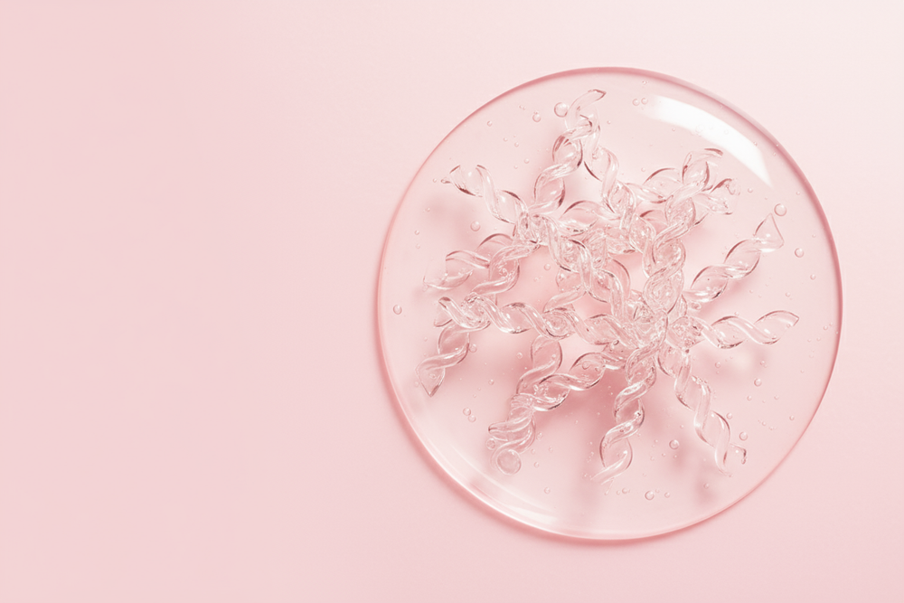 realistic photo of transparent collagen molecules and a glossy serum drop texture on a light pink background, elegant premium skincare aesthetic, bright studio lighting, modern K-beauty style, space for text on the left
